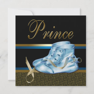 Invitation Chaussures bleues Baby shower Black Gold Prince