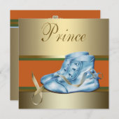 Invitation Chaussures Bleues Baby shower Prince Couronne Or (Devant / Derrière)