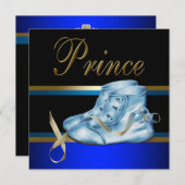 Invitation Chaussures Bleues Baby shower Prince Couronne Or N (Devant / Derrière)