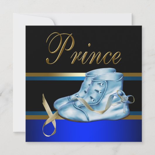 Invitation Chaussures Bleues Baby shower Prince Couronne Or N (Devant)