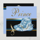 Invitation Chaussures Bleues Baby shower Prince Couronne Or N (Devant / Derrière)