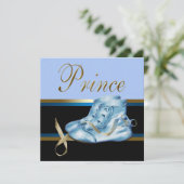 Invitation Chaussures Bleues Baby shower Prince Couronne Or N (Debout devant)