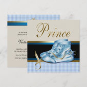 Invitation Chaussures Bleues Baby shower Prince Couronne Or N (Devant / Derrière)