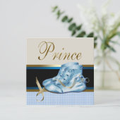 Invitation Chaussures Bleues Baby shower Prince Couronne Or N (Debout devant)