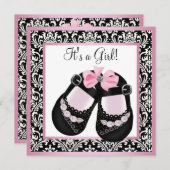 Invitation Chaussures Damas Rose Noir Bébé Fille Douche (Devant / Derrière)