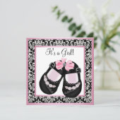 Invitation Chaussures Damas Rose Noir Bébé Fille Douche (Debout devant)