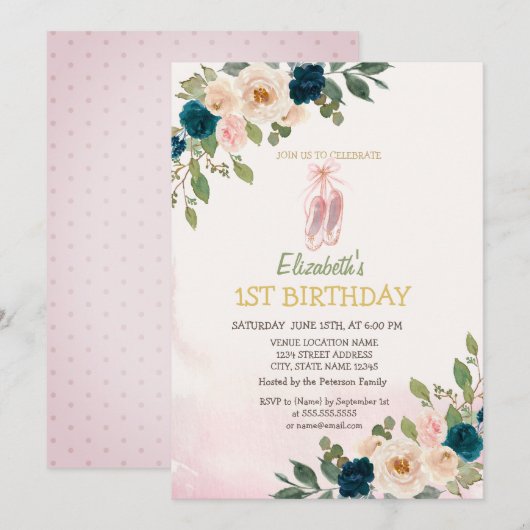 Invitation Chaussures de ballet Fleurs Anniversaire (Devant / Derrière)
