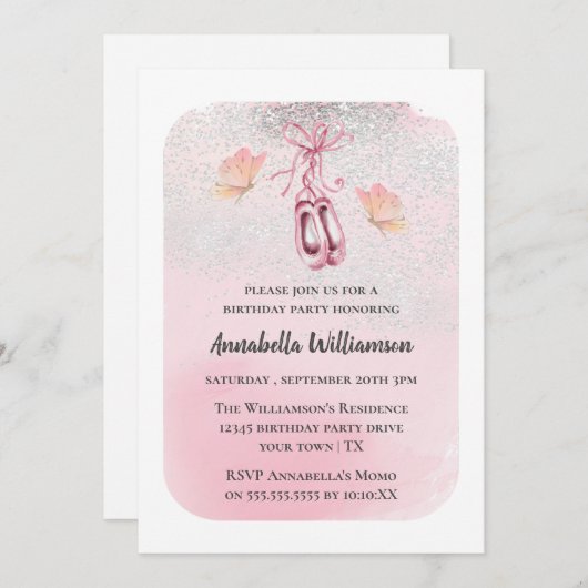 Invitation Chaussures de Ballet Rose et papillon fête d'anniv (Devant / Derrière)