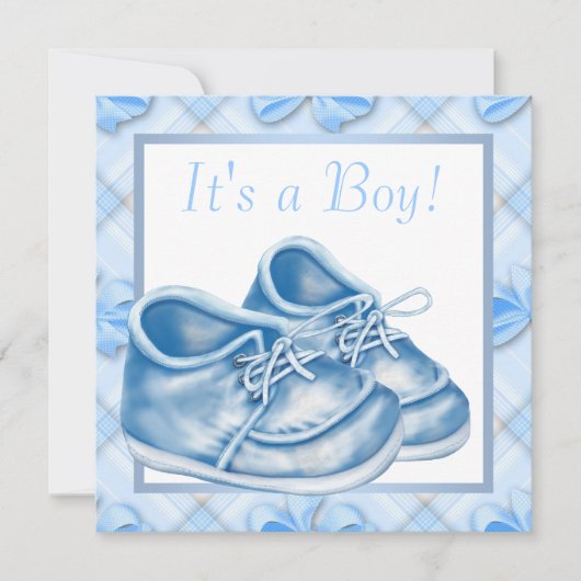 Invitation Chaussures de bébé bleues et blanches pour garçon (Devant)