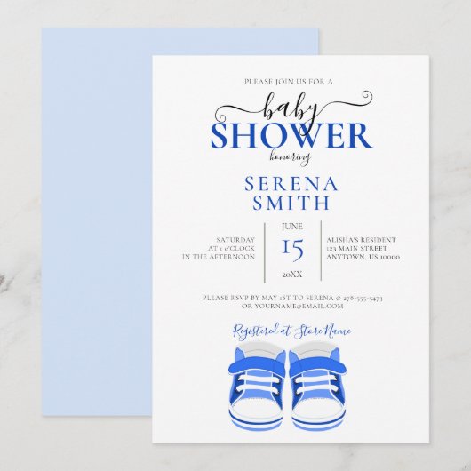 Invitation Chaussures de bébé bleues MIGNONNES pour BABY SHOW (Devant / Derrière)