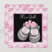 Invitation Chaussures de bébé rose noir rose bébé fille douch (Devant / Derrière)