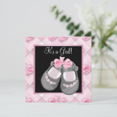 Invitation Chaussures de bébé rose noir rose bébé fille douch (Debout devant)