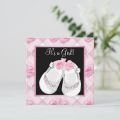 Invitation Chaussures de bébé rose noir rose bébé fille douch (Debout devant)