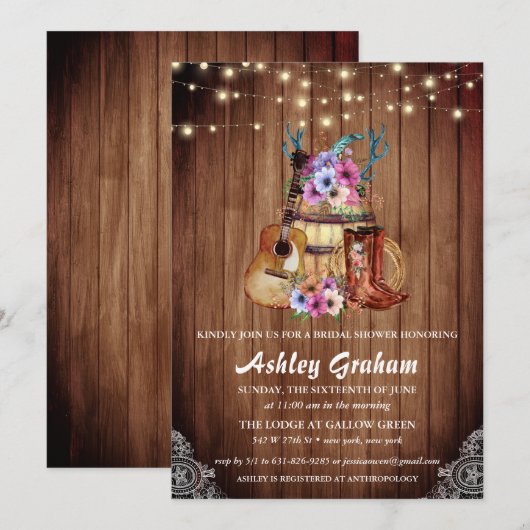 Invitation Chaussures de cowboy chic douche de mariage wester (Devant / Derrière)