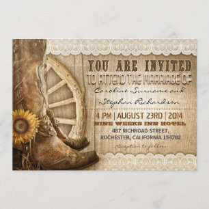 Invitation chaussures de cowboy tournfleurs bois brun mariage