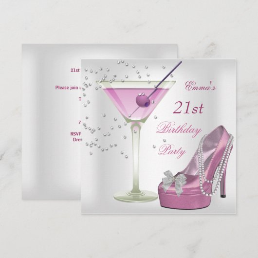 Invitation Chaussures de martini blanches roses pour fête d'a (Devant / Derrière)