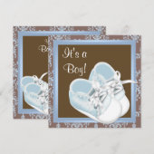 Invitation Chaussures en Damas Bleu Marron Bébé Garçon Shower (Devant / Derrière)