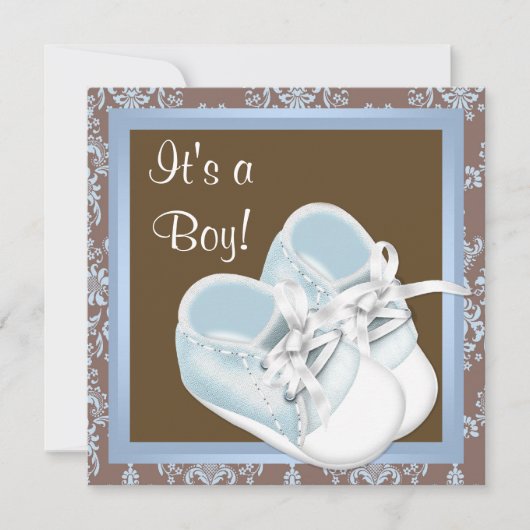 Invitation Chaussures en Damas Bleu Marron Bébé Garçon Shower (Devant)