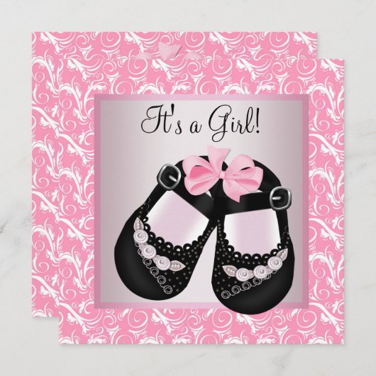 Invitation Chaussures en noir rose noir rose bébé fille douch (Devant / Derrière)