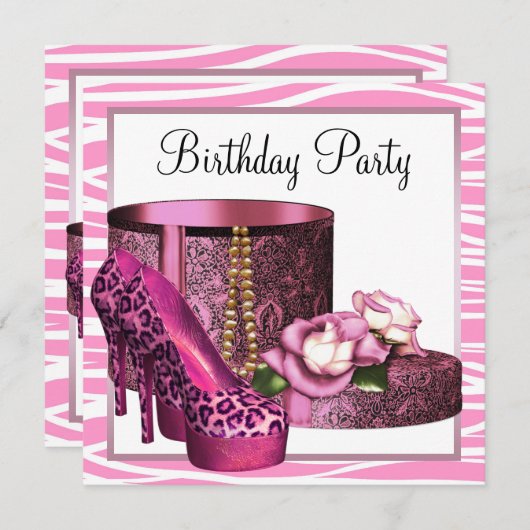Invitation Chaussures Leopard High Heel rose Zebra Anniversai (Devant / Derrière)