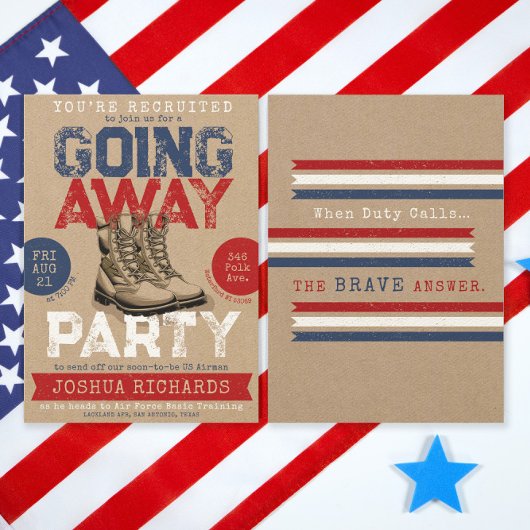 Invitation Chaussures Militaires Rustiques Fête de Départ Cad