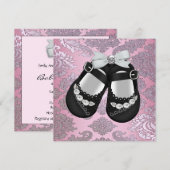 Invitation Chaussures noires roses bébé fille damassé (Devant / Derrière)