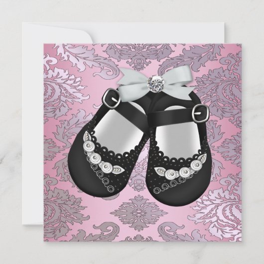 Invitation Chaussures noires roses bébé fille damassé (Devant)