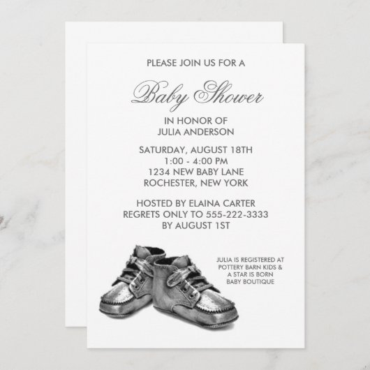 Invitation Chaussures pour bébé en argent Baby shower Invitat (Devant / Derrière)