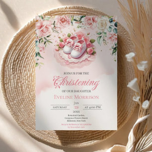 Invitation Chaussures pour bébé rose élégant Floral Baptême