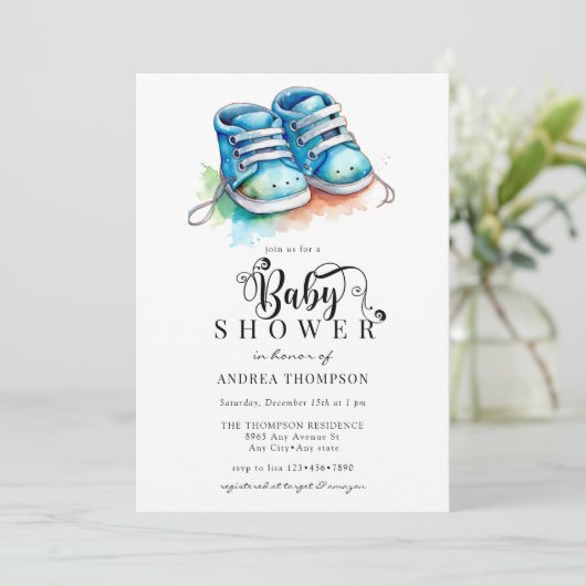 Invitation Chaussures pour bébés | Baby shower Blue Boy (Debout devant)