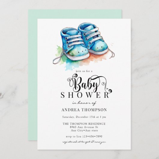Invitation Chaussures pour bébés | Baby shower Blue Boy (Devant / Derrière)