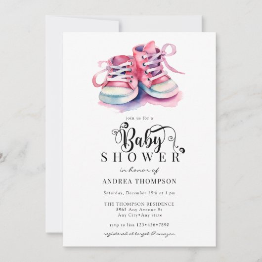 Invitation Chaussures pour bébés | Baby shower rose fille (Devant)