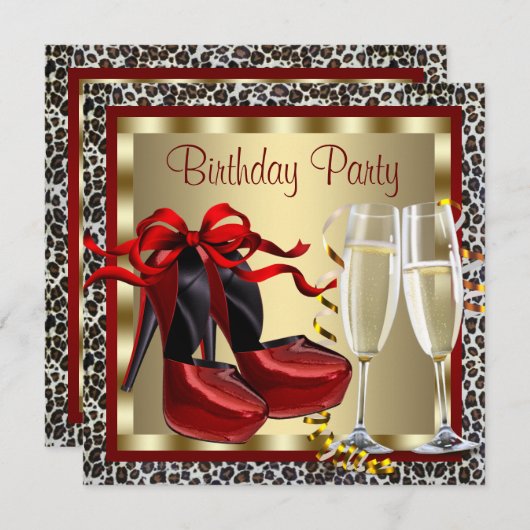 Invitation Chaussures Red High Heel Anniversaire du léopard r (Devant / Derrière)