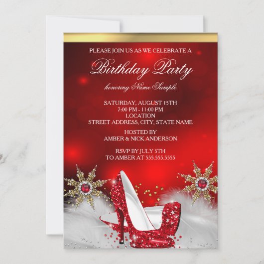 Invitation Chaussures Red High talon Silver Gold fête d'anniv (Devant)