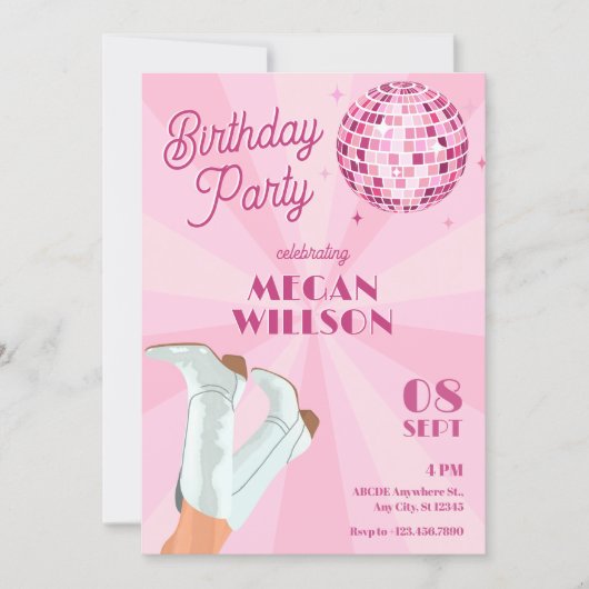 Invitation Chaussures rose funky boule disco anniversaire (Devant)