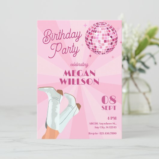 Invitation Chaussures rose funky boule disco anniversaire (Debout devant)