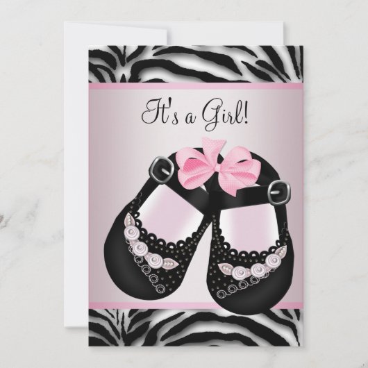 Invitation Chaussures rose noir Baby shower rose Zèbre (Devant)