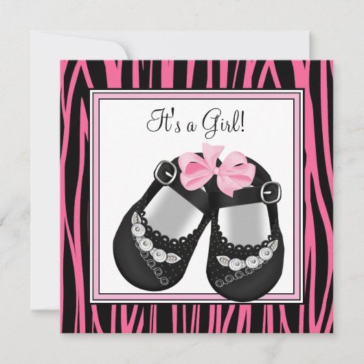 Invitation Chaussures rose noir Hot rose Baby shower Zèbre (Devant)