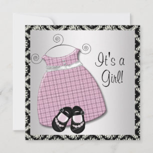 Invitation Chaussures roses en robe rose damassée Baby Shower