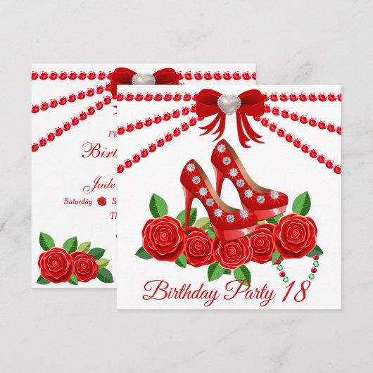 Invitation Chaussures Rouges, Bijoux Et Fleur Rose 18e Annive (Devant / Derrière)