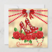 Invitation Chaussures Rouges, Bijoux Et Fleur Rose Quinceañer (Devant)
