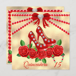 Invitation Chaussures Rouges, Bijoux Et Fleur Rose Quinceañer