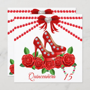 Invitation Chaussures Rouges, Bijoux Et Fleur Rose Quinceañer