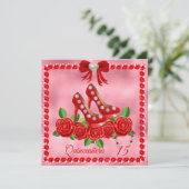 Invitation Chaussures Rouges, Bijoux Et Fleur Rose Quinceañer (Debout devant)