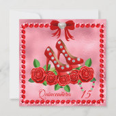 Invitation Chaussures Rouges, Bijoux Et Fleur Rose Quinceañer (Devant)