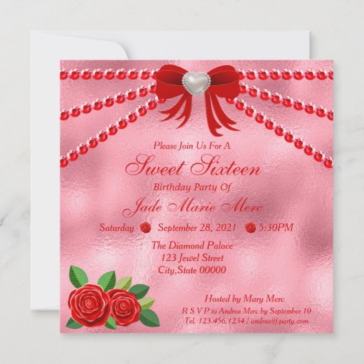Invitation Chaussures Rouges, Bijoux Et Sweet sixteen Fleur R (Dos)