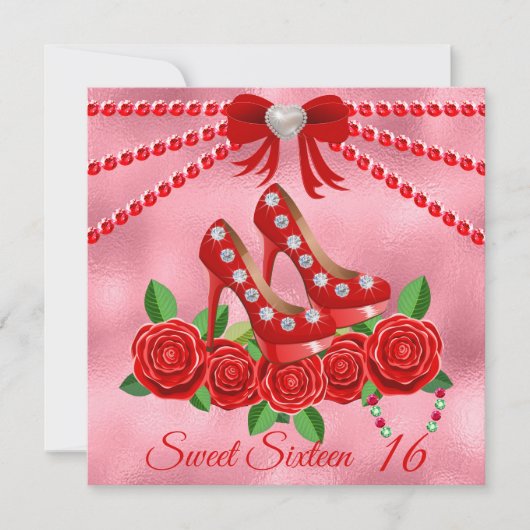 Invitation Chaussures Rouges, Bijoux Et Sweet sixteen Fleur R (Devant)