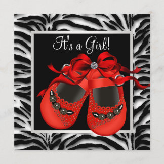 Invitation Chaussures Rouges Noires Fête Bébé Fille Zèbre Rou