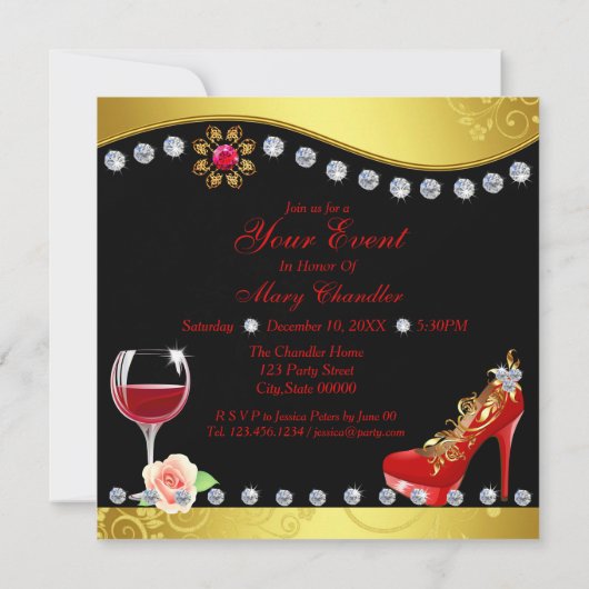 Invitation Chaussures rouges, vin & bijoux Tout événement (Dos)
