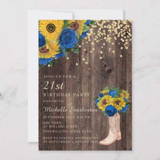Invitation Chaussures Rustique Tournesol Roses Bleues 21e Ann (Devant)